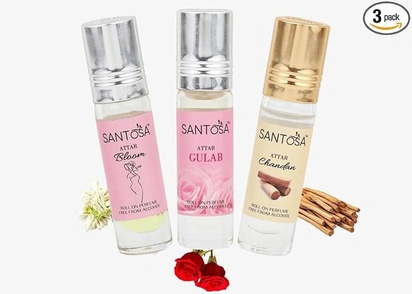 Santosa Premium Attar Combo - Gulab (Rose), Chandan (Sandalwood), and Bloom (Rajnigandha) | Alcohol-Free 6ml Roll-On Perfumes | Long-Lasting Oil-Based Scents for Men & Women, Set of 3, 6 ml each