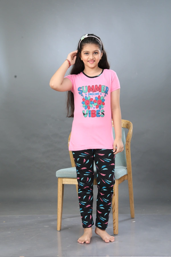 Vee MAX Vee Max Girls Printed Collar Night Suit - Pink, 1-2 Yrs