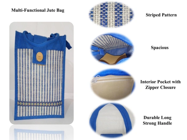 Logu's Jute Top-Flap Lining Carry Shopping Bag with Handle - Blue
