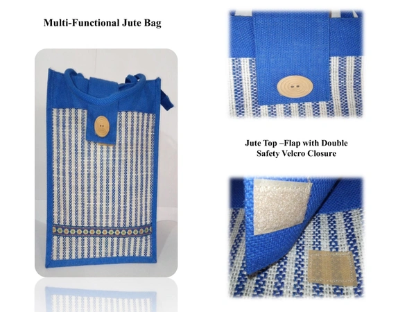 Logu's Jute Top-Flap Lining Carry Shopping Bag with Handle - Blue
