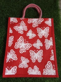 Logu's Multicolour printed reusable jute bag - 11.5 x 5.5 x 14 Inches (Length x Width x Height), Red