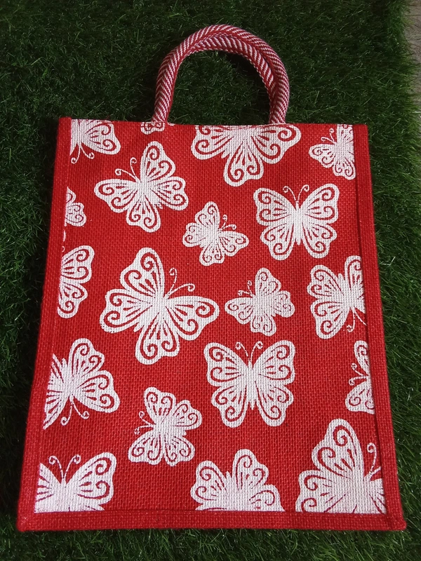 Logu's Multicolour printed reusable jute bag - 11.5 x 5.5 x 14 Inches (Length x Width x Height), Red