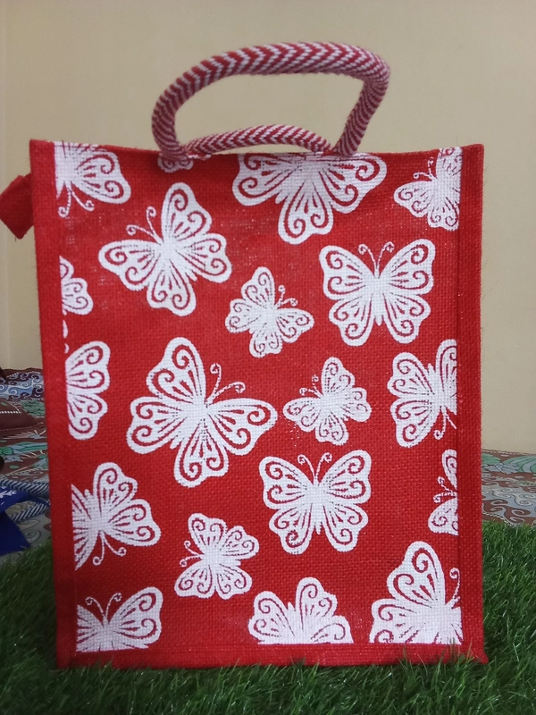 Logu's Multicolour printed reusable jute bag - 11.5 x 5.5 x 14 Inches (Length x Width x Height), Red