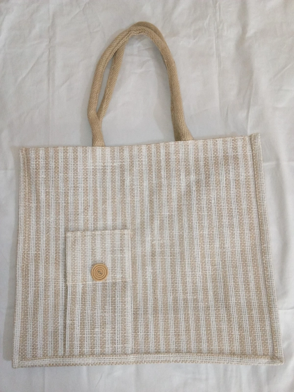 Logu's White Striped Jute Bag with Mobile Pouch  - Extra Large
