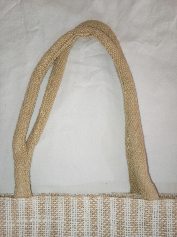 Logu's White Striped Jute Bag with Mobile Pouch  - Extra Large