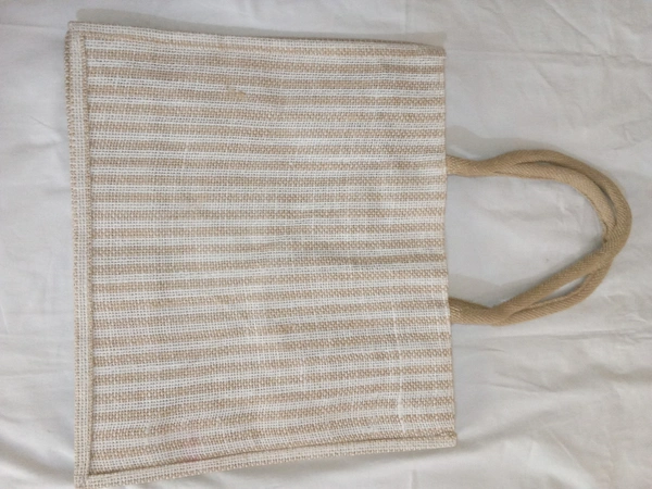 Logu's White Striped Jute Bag with Mobile Pouch  - Extra Large