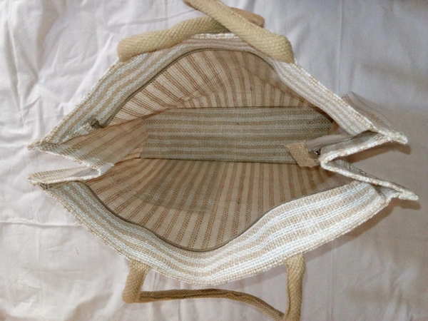 Logu's White Striped Jute Bag with Mobile Pouch  - Extra Large