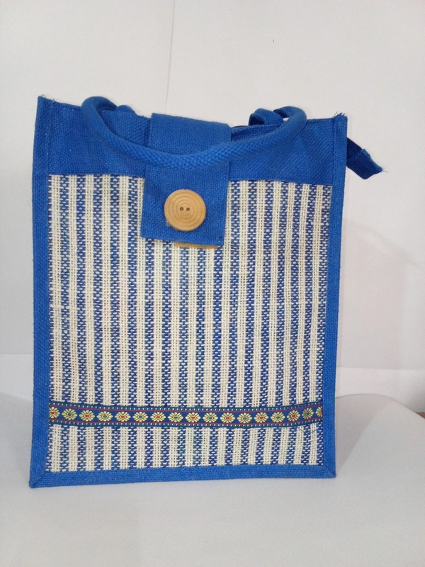 Logu's Jute Top-Flap Lining Carry Shopping Bag with Handle - Blue