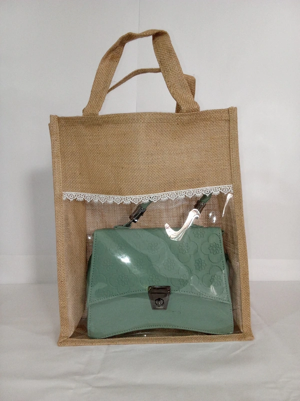 Logu's Handmade Fancy Transparent Window Jute Bag For Both Men and Women – (Dimensions –12 (L) x 4 (W) x 14 (H) Inches)