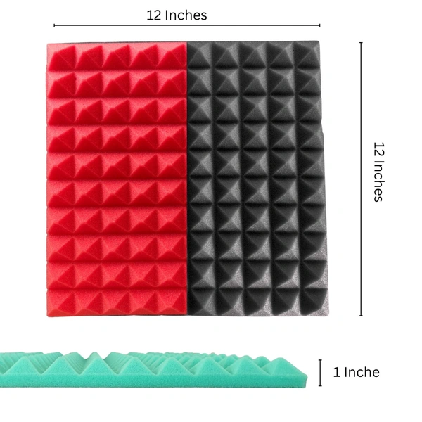 URBAN-X Pyramid Soundproofing Studio Acoustic Foam 1'x1' - 1 Inches 50D High Density, Soundproof Foam, Noise Reduction Panels, Echo Absorption - Black & Red, Pack of 18 + 1 Adhesive Spray