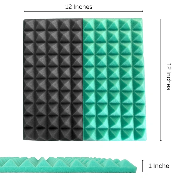 URBAN-X Pyramid Soundproofing Studio Acoustic Foam 1'x1' - 1 Inches 50D High Density, Soundproof Foam, Noise Reduction Panels, Echo Absorption - Black & Aqua Green, Pack of 18 + 1 Adhesive Spray