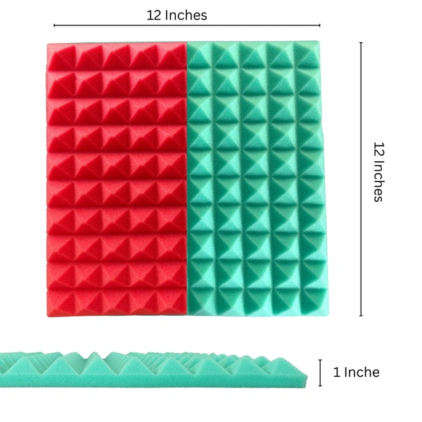 URBAN-X Pyramid Soundproofing Studio Acoustic Foam 1'x1' - 1 Inches 50D High Density, Soundproof Foam, Noise Reduction Panels, Echo Absorption - Aqua Green and Red, Pack of 18 + 1 Adhesive Spray