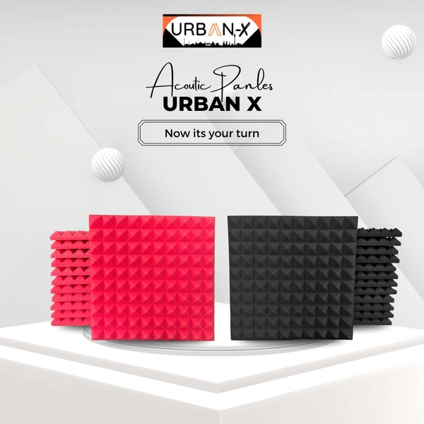 URBAN-X Pyramid Soundproofing Studio Acoustic Foam 1'x1' - 1 Inches 50D High Density, Soundproof Foam, Noise Reduction Panels, Echo Absorption - Black & Red, Pack of 216 + 3 Adhesive Spray