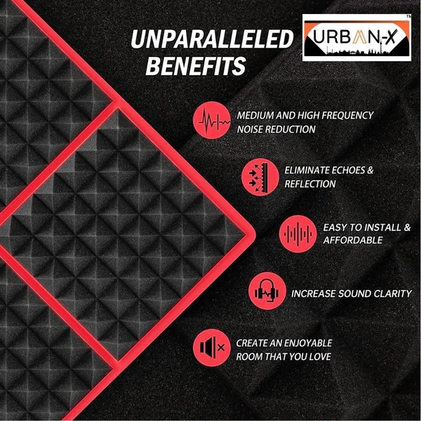 Urban-X URBAN-X® Pyramid Soundproofing Studio Acoustic Foam 1'x1' ft. - 2 Inches 50D High Density, Soundproof Foam, Noise Reduction Panels, Echo Absorption - Set of 18