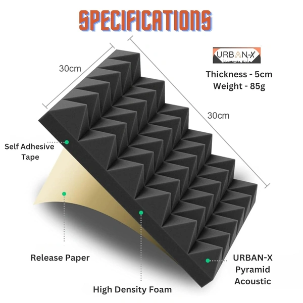 Urban-X URBAN-X® Pyramid Soundproofing Studio Acoustic Foam 1'x1' ft. - 2 Inches 50D High Density, Soundproof Foam, Noise Reduction Panels, Echo Absorption - Set of 144, Black, Self Adhesive