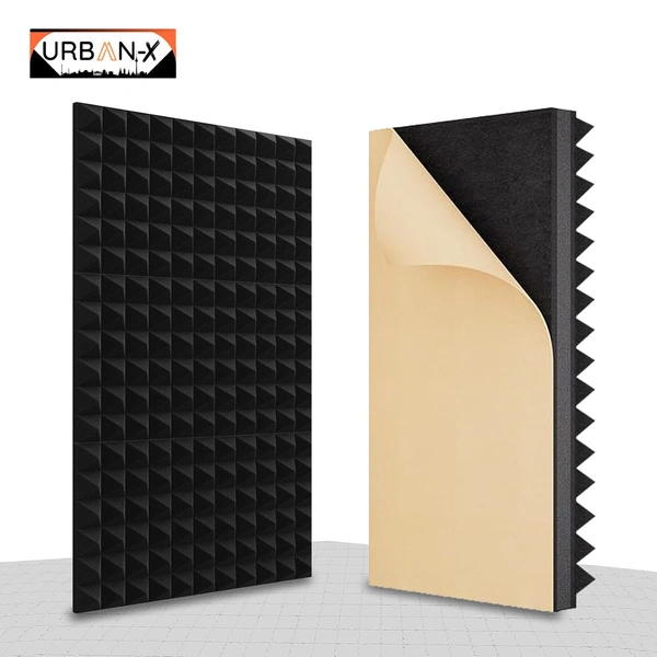 Urban X URBAN-X® Pyramid Sheet 6x3 ft - 2 inches Soundproofing Studio Acoustic Foams | 50D High Density, Soundproof Foam, Noise Reduction Panels, Echo Absorption (Black - Self Adhesive) - Black, Set of 4