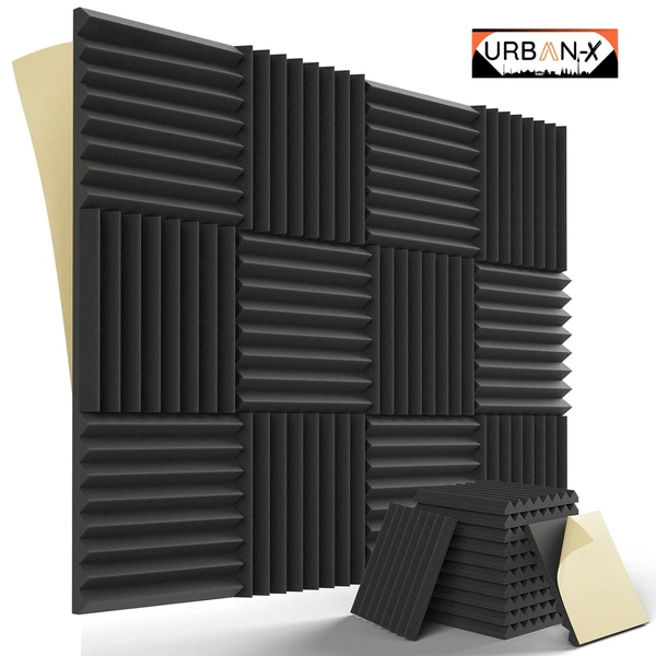 Urban X URBAN-X Wedge Soundproofing Studio Acoustic Foam 1'x1' - 2 Inches 50D High Density, Soundproof Foam, Noise Reduction Panels, Echo Absorption (Black - (Self Adhesive) - Black, Set of 60