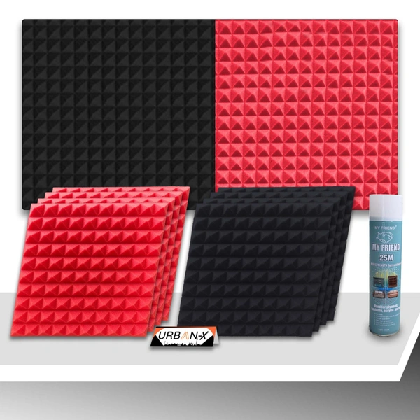 URBAN-X Pyramid Soundproofing Studio Acoustic Foam 1'x1' - 1 Inches 50D High Density, Soundproof Foam, Noise Reduction Panels, Echo Absorption - Black & Red, Pack of 18 + 1 Adhesive Spray