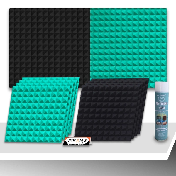 URBAN-X Pyramid Soundproofing Studio Acoustic Foam 1'x1' - 1 Inches 50D High Density, Soundproof Foam, Noise Reduction Panels, Echo Absorption - Black & Aqua Green, Pack of 18 + 1 Adhesive Spray