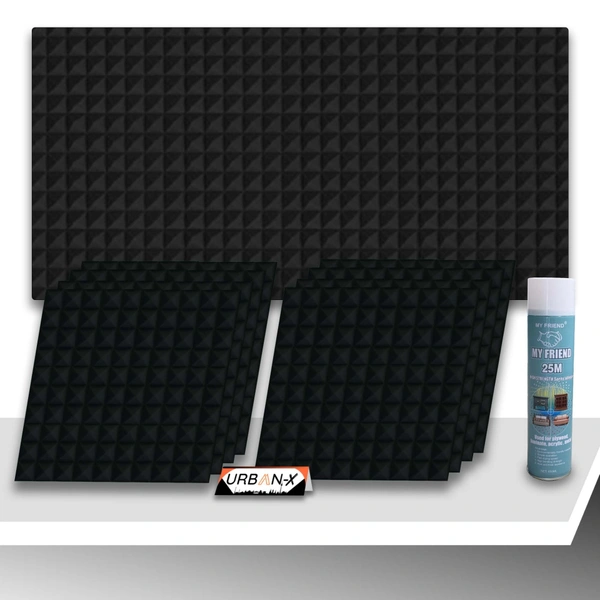 URBAN-X Pyramid Soundproofing Studio Acoustic Foam 1'x1' - 1 Inches 50D High Density, Soundproof Foam, Noise Reduction Panels, Echo Absorption - Black, Pack of 18 + 1 Adhesive Spray