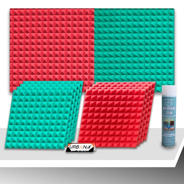 URBAN-X Pyramid Soundproofing Studio Acoustic Foam 1'x1' - 1 Inches 50D High Density, Soundproof Foam, Noise Reduction Panels, Echo Absorption - Aqua Green and Red, Pack of 18 + 1 Adhesive Spray