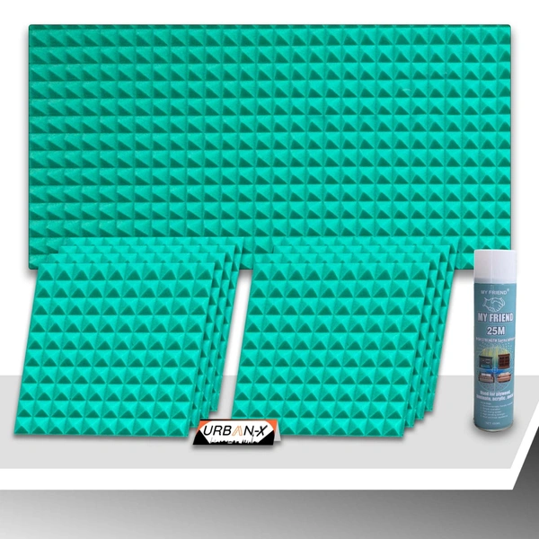 URBAN-X Pyramid Soundproofing Studio Acoustic Foam 1'x1' - 1 Inches 50D High Density, Soundproof Foam, Noise Reduction Panels, Echo Absorption - Aqua Green, Pack of 18 + 1 Adhesive Spray