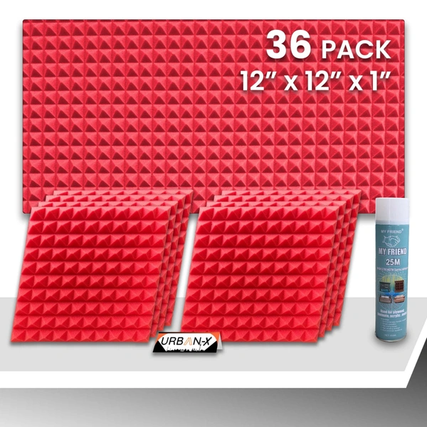 URBAN-X Pyramid Soundproofing Studio Acoustic Foam 1'x1' - 1 Inches 50D High Density, Soundproof Foam, Noise Reduction Panels, Echo Absorption - Red, Pack of 36 + 1 Adhesive Spray