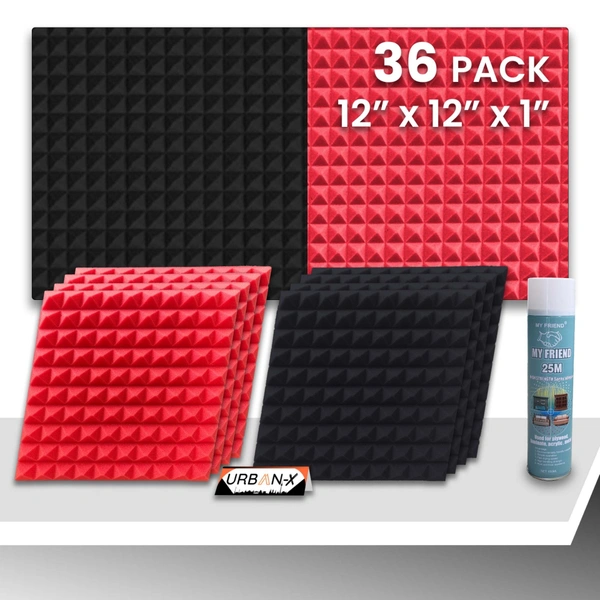 URBAN-X Pyramid Soundproofing Studio Acoustic Foam 1'x1' - 1 Inches 50D High Density, Soundproof Foam, Noise Reduction Panels, Echo Absorption - Black & Red, Pack of 36 + 1 Adhesive Spray