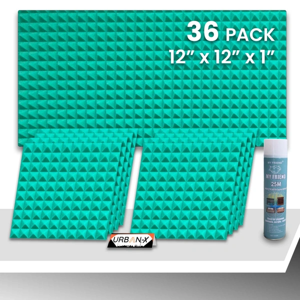 URBAN-X Pyramid Soundproofing Studio Acoustic Foam 1'x1' - 1 Inches 50D High Density, Soundproof Foam, Noise Reduction Panels, Echo Absorption - Aqua Green, Pack of 36 + 1 Adhesive Spray