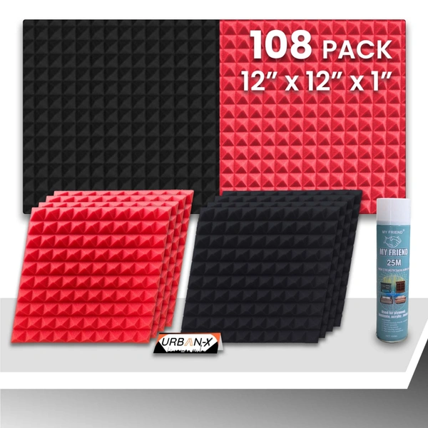 URBAN-X Pyramid Soundproofing Studio Acoustic Foam 1'x1' - 1 Inches 50D High Density, Soundproof Foam, Noise Reduction Panels, Echo Absorption - Black & Red, Pack of 108 + 2 Adhesive Spray