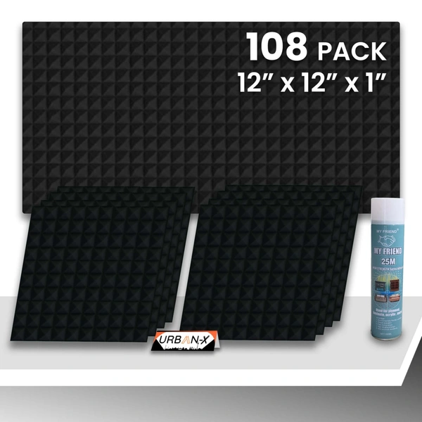 URBAN-X Pyramid Soundproofing Studio Acoustic Foam 1'x1' - 1 Inches 50D High Density, Soundproof Foam, Noise Reduction Panels, Echo Absorption - Black, Pack of 108 + 2 Adhesive Spray