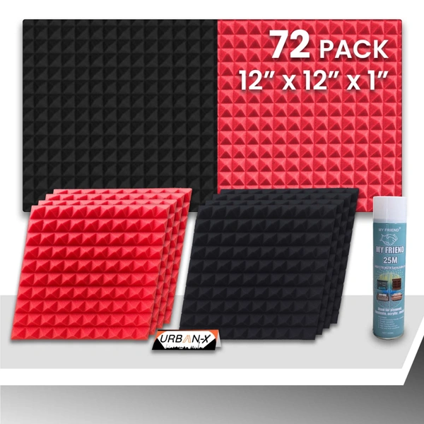 URBAN-X Pyramid Soundproofing Studio Acoustic Foam 1'x1' - 1 Inches 50D High Density, Soundproof Foam, Noise Reduction Panels, Echo Absorption - Black & Red, Pack of 72 + 1 Adhesive Spray