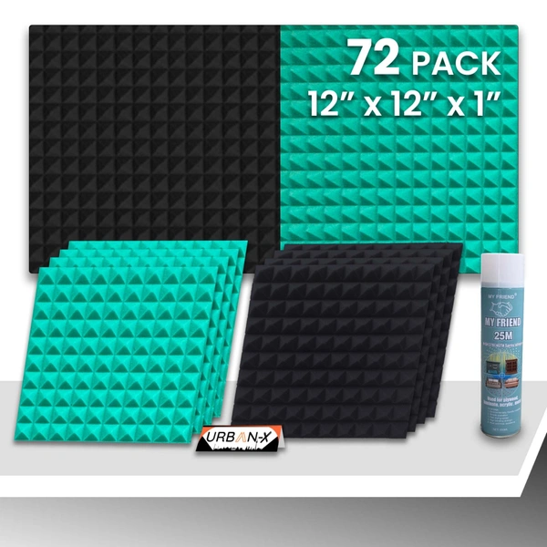 URBAN-X Pyramid Soundproofing Studio Acoustic Foam 1'x1' - 1 Inches 50D High Density, Soundproof Foam, Noise Reduction Panels, Echo Absorption - Black & Aqua Green, Pack of 72 + 1 Adhesive Spray