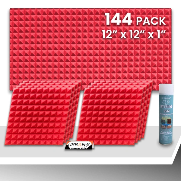 URBAN-X Pyramid Soundproofing Studio Acoustic Foam 1'x1' - 1 Inches 50D High Density, Soundproof Foam, Noise Reduction Panels, Echo Absorption - Red, Pack of 144 + 2 Adhesive Spray