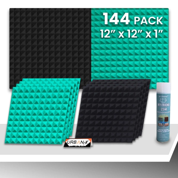 URBAN-X Pyramid Soundproofing Studio Acoustic Foam 1'x1' - 1 Inches 50D High Density, Soundproof Foam, Noise Reduction Panels, Echo Absorption - Black & Aqua Green, Pack of 144 + 2 Adhesive Spray