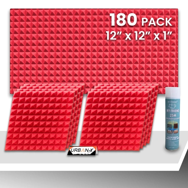 URBAN-X Pyramid Soundproofing Studio Acoustic Foam 1'x1' - 1 Inches 50D High Density, Soundproof Foam, Noise Reduction Panels, Echo Absorption - Red, Pack of 180 + 3 Adhesive Spray