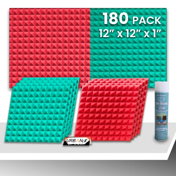 URBAN-X Pyramid Soundproofing Studio Acoustic Foam 1'x1' - 1 Inches 50D High Density, Soundproof Foam, Noise Reduction Panels, Echo Absorption - Aqua Green and Red, Pack of 180 + 3 Adhesive Spray