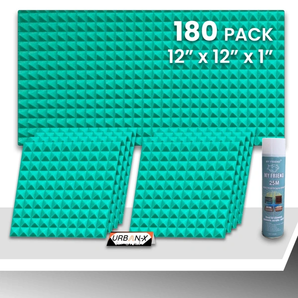 URBAN-X Pyramid Soundproofing Studio Acoustic Foam 1'x1' - 1 Inches 50D High Density, Soundproof Foam, Noise Reduction Panels, Echo Absorption - Aqua Green, Pack of 180 + 3 Adhesive Spray