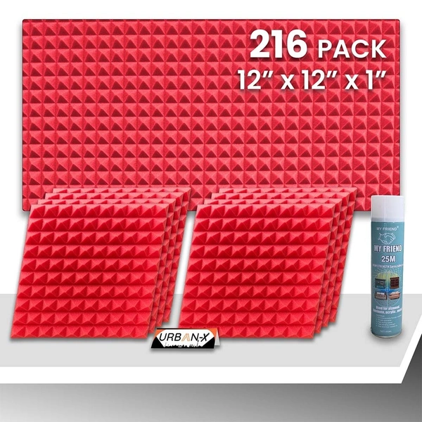 Urban X URBAN-X Pyramid Soundproofing Studio Acoustic Foam 1'x1' - 1 Inches 50D High Density, Soundproof Foam, Noise Reduction Panels, Echo Absorption - Pack of 216 + 3 Adhesive Spray, Red