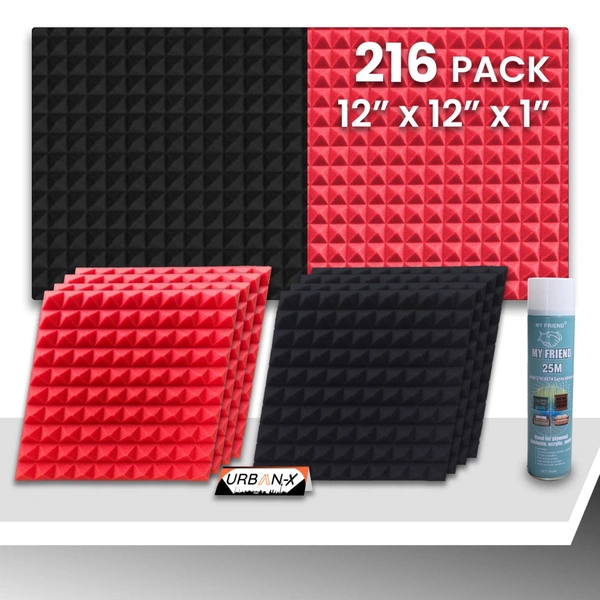 URBAN-X Pyramid Soundproofing Studio Acoustic Foam 1'x1' - 1 Inches 50D High Density, Soundproof Foam, Noise Reduction Panels, Echo Absorption - Black & Red, Pack of 216 + 3 Adhesive Spray