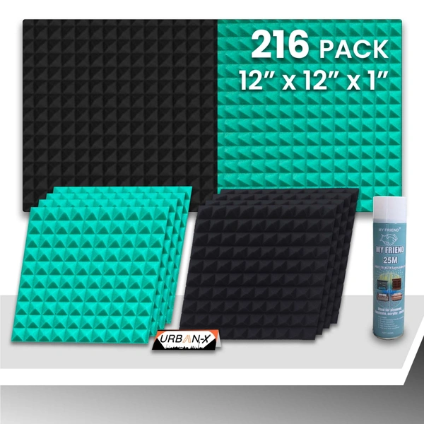 URBAN-X Pyramid Soundproofing Studio Acoustic Foam 1'x1' - 1 Inches 50D High Density, Soundproof Foam, Noise Reduction Panels, Echo Absorption - Black & Aqua Green, Pack of 216 + 3 Adhesive Spray
