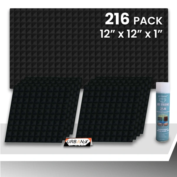 URBAN-X Pyramid Soundproofing Studio Acoustic Foam 1'x1' - 1 Inches 50D High Density, Soundproof Foam, Noise Reduction Panels, Echo Absorption - Black, Pack of 216 + 3 Adhesive Spray