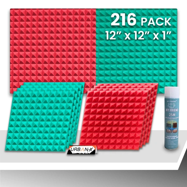 URBAN-X Pyramid Soundproofing Studio Acoustic Foam 1'x1' - 1 Inches 50D High Density, Soundproof Foam, Noise Reduction Panels, Echo Absorption - Aqua Green and Red, Pack of 216 + 3 Adhesive Spray