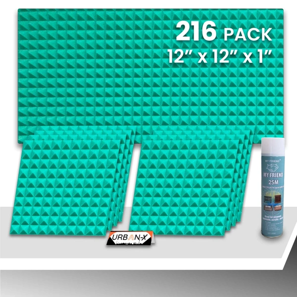 URBAN-X Pyramid Soundproofing Studio Acoustic Foam 1'x1' - 1 Inches 50D High Density, Soundproof Foam, Noise Reduction Panels, Echo Absorption - Aqua Green, Pack of 216 + 3 Adhesive Spray