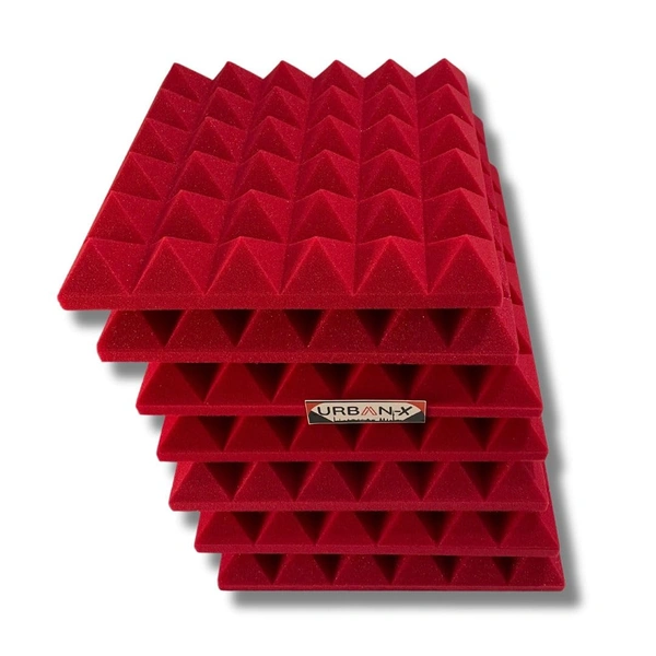 URBAN-X Pyramid Soundproofing Studio Acoustic Foam 1'x1' - 2 Inches 50D High Density, Soundproof Foam, Noise Reduction Panels, Echo Absorption (Red) - 50mm - Red, Set of 108