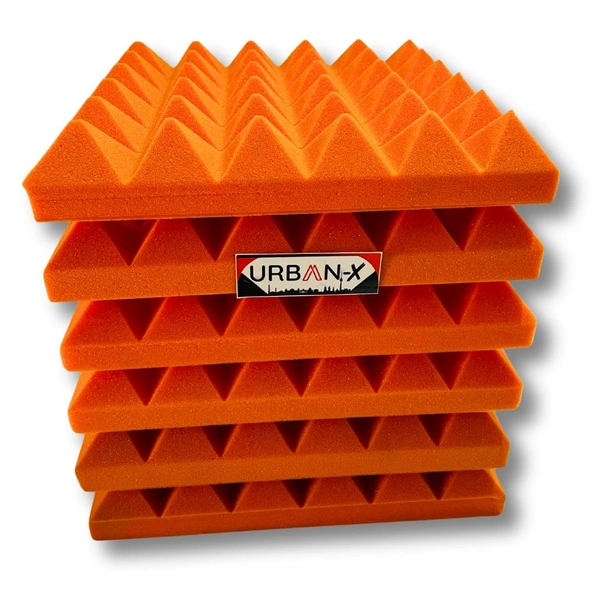 URBAN-X Pyramid Soundproofing Studio Acoustic Foam 1'x1' - 2 Inches 50D High Density, Soundproof Foam, Noise Reduction Panels, Echo Absorption (Orange) - 50mm - Orange, Set of 6