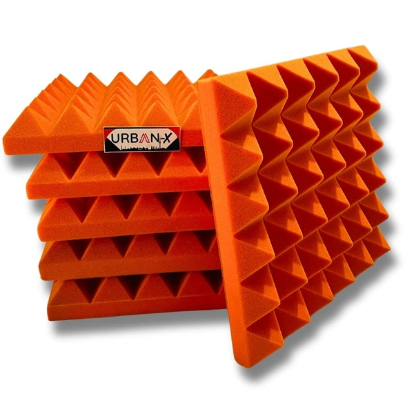 URBAN-X Pyramid Soundproofing Studio Acoustic Foam 1'x1' - 2 Inches 50D High Density, Soundproof Foam, Noise Reduction Panels, Echo Absorption (Orange) - 50mm - Orange, Set of 6