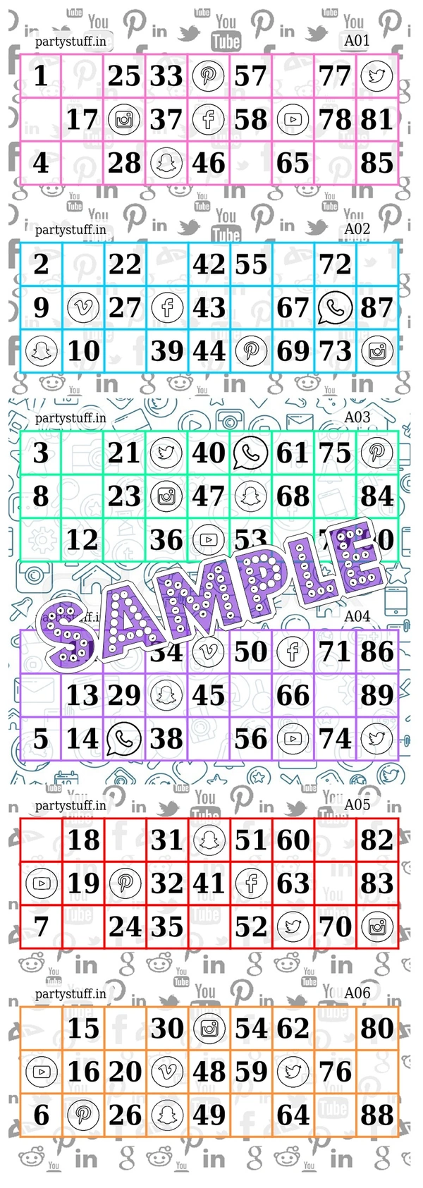 perty Social Network theme Tambola Housie (list3545) - 3.9 x 10.8