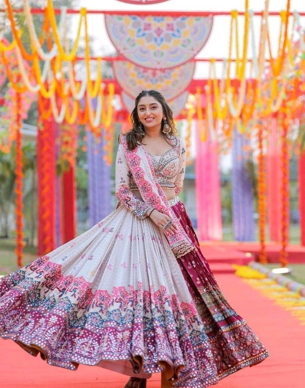 White Lehenga Choli With Mirror Work And Attached White Dupatta  - Free