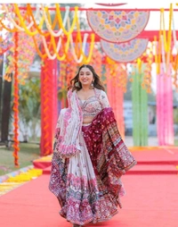 White Lehenga Choli With Mirror Work And Attached White Dupatta  - Free